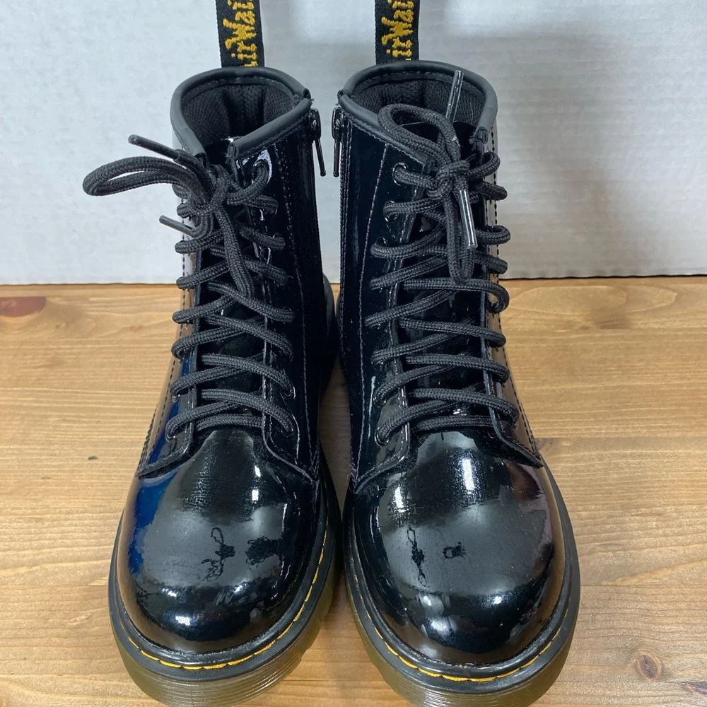 Dr. Martens Kids Black Patent Lace-Up Ankle Boots with Yellow Stitching